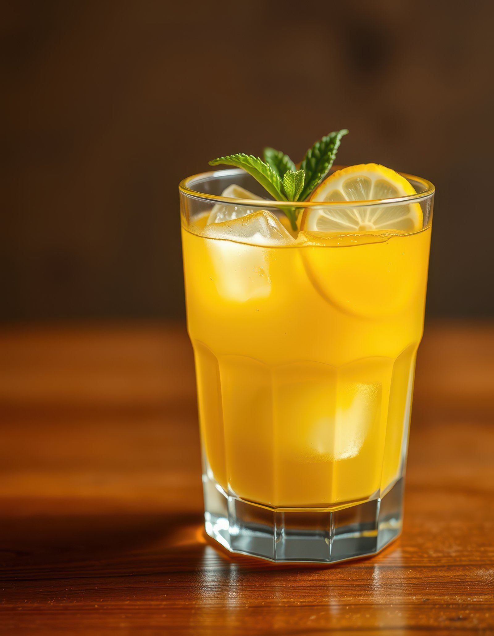 A refreshing glass of lemonade with ice and a lemon wedge, garnished with mint, sits on a wooden table